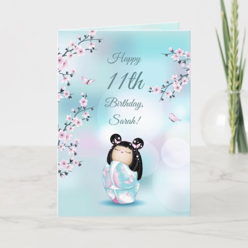 Cherry Blossom Kokeshi Doll  Girls Birthday Pink Card