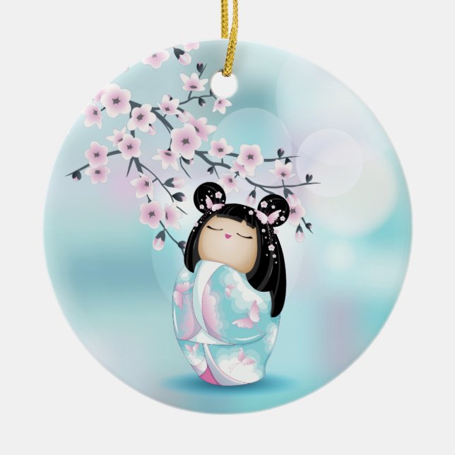Cherry Blossom Kokeshi Doll Pink Turquoise Ceramic Ornament (Front)