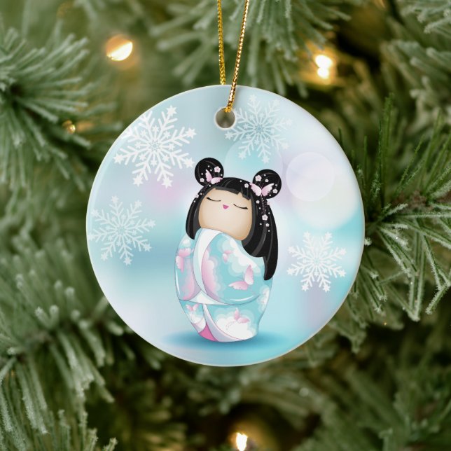 Cherry Blossom Kokeshi Doll Winter Snowflakes Ceramic Ornament (Tree)