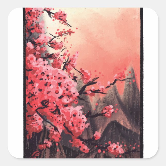 Cherry blossom landscape square sticker (Front)
