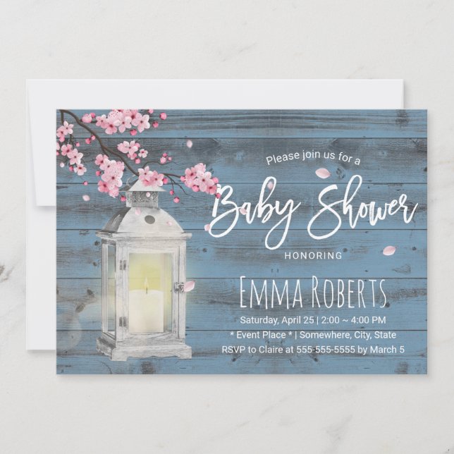 Cherry Blossom Lantern Dusty Blue Baby Shower Invitation (Front)