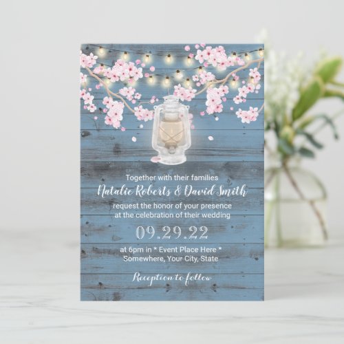Cherry Blossom Lantern Dusty Blue Barn Wedding Invitation