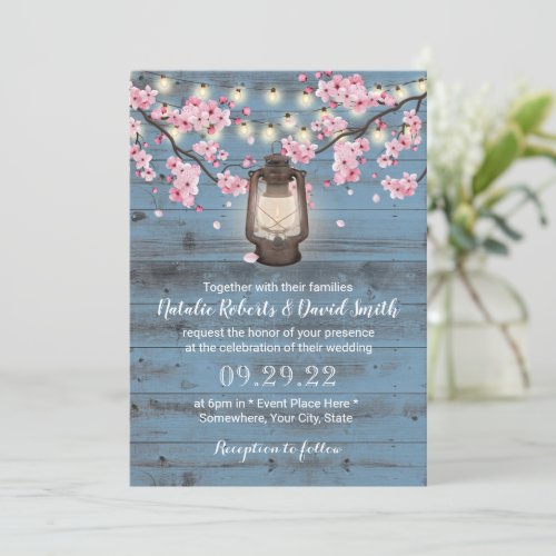 Cherry Blossom Lantern Dusty Blue Rustic Wedding Invitation