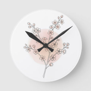 Cherry Blossom Line Art Pink Peach Watercolor Round Clock