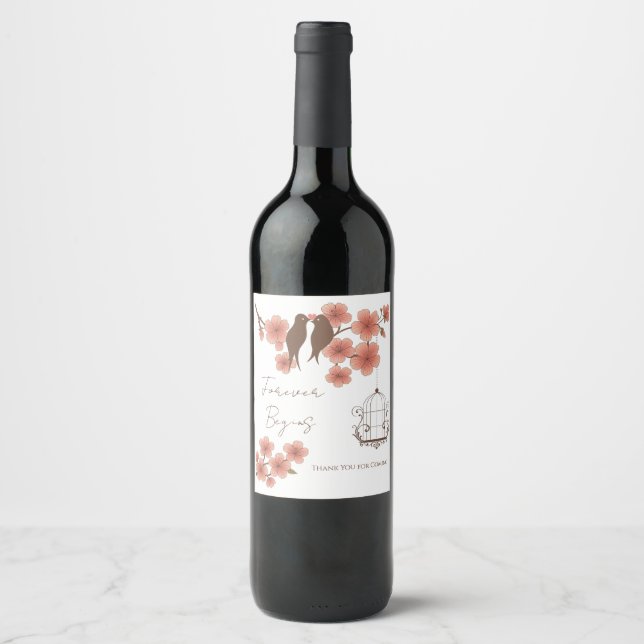 Cherry Blossom Lovebirds Wedding Wine Bottle Label (Front)