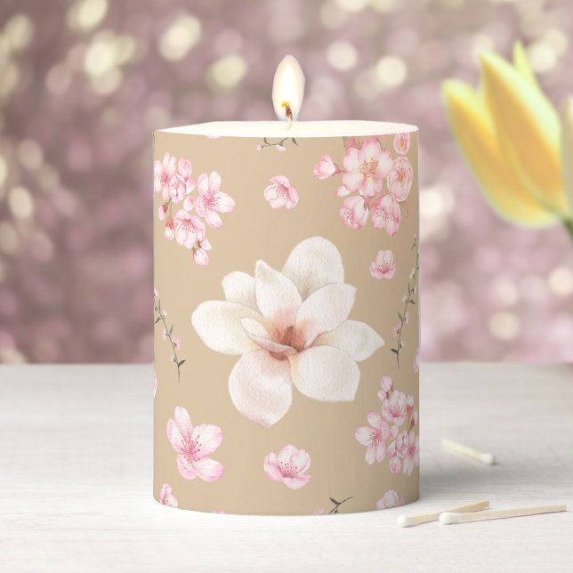 Cherry Blossom Magnolia Floral Spring Beige Pink  Pillar Candle (Cherry Blossom Magnolia Floral Spring Beige Pink Pillar Candle)