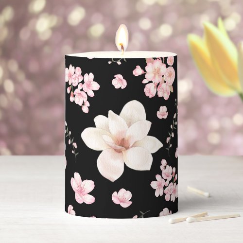 Cherry Blossom Magnolia Floral Spring Black Pink Pillar Candle