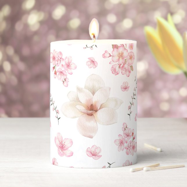 Cherry Blossom Magnolia Floral Spring White Pink Pillar Candle (Cherry Blossom Magnolia Floral Spring White Pink Pillar Candle)
