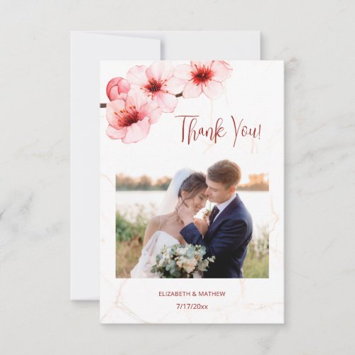 Cherry Blossom Marble Photo Wedding Thank You Card