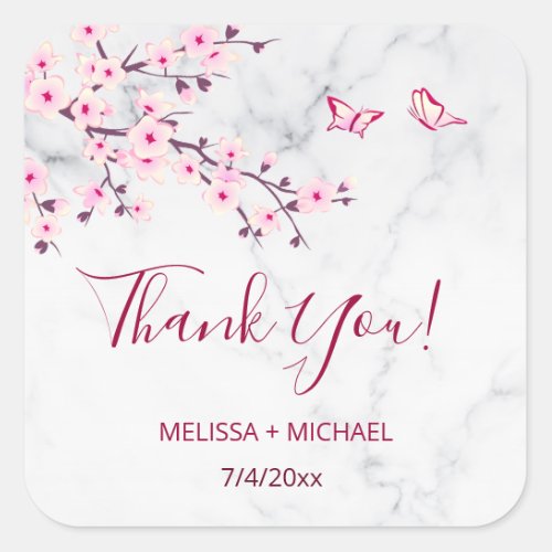 Cherry Blossom Marble Thank You Wedding Favor Square Sticker