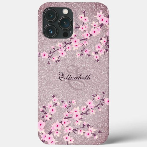 Cherry Blossom Mauve Glitter Your Name Monogram  iPhone 13 Pro Max Case