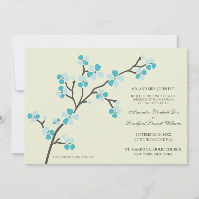 Cherry Blossom Modern Wedding Invitation :: aqua (Front)