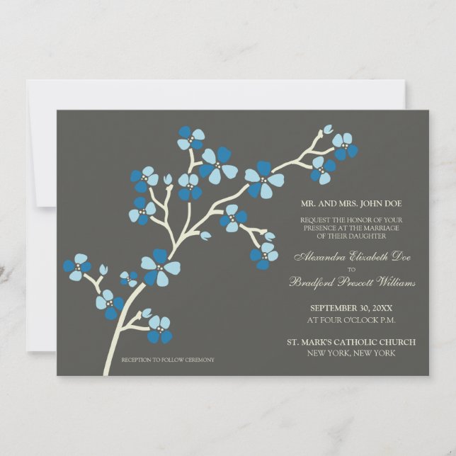 Cherry Blossom Modern Wedding Invitation :: blue (Front)