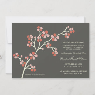 Cherry Blossom Modern Wedding Invitation :: coral