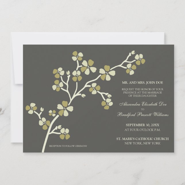 Cherry Blossom Modern Wedding Invitation :: olive (Front)