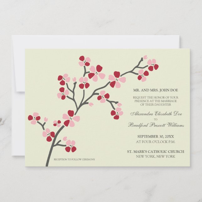 Cherry Blossom Modern Wedding Invitation :: red (Front)