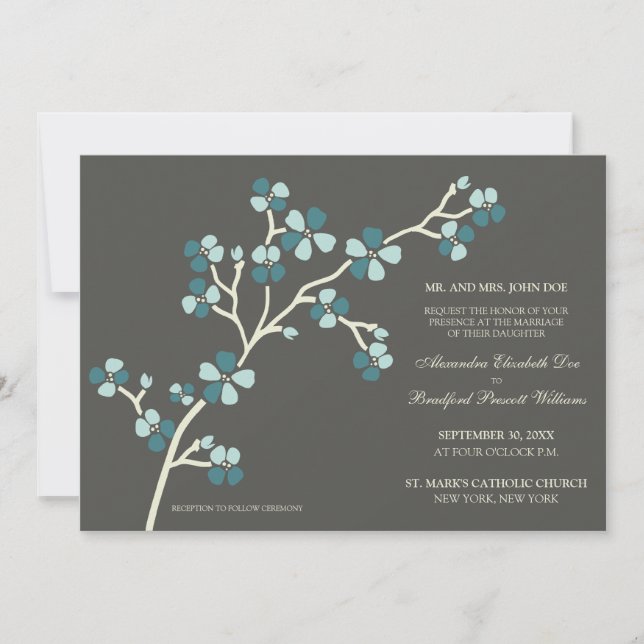 Cherry Blossom Modern Wedding Invitation :: teal (Front)
