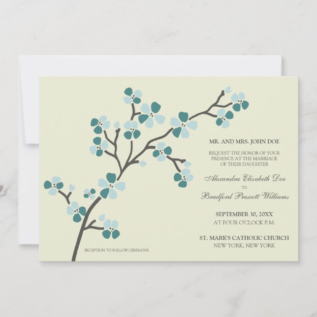 Cherry Blossom Modern Wedding Invitation :: teal (Front)