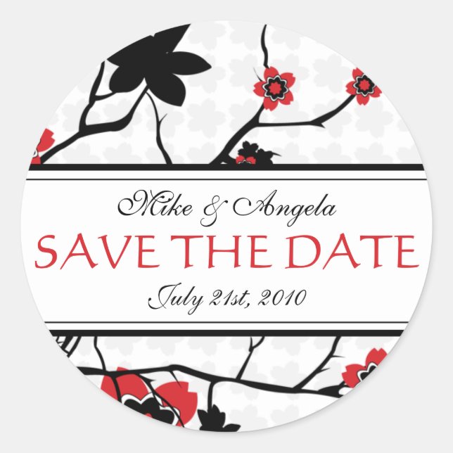 Cherry Blossom Modern Wedding Save the Date Classic Round Sticker (Front)
