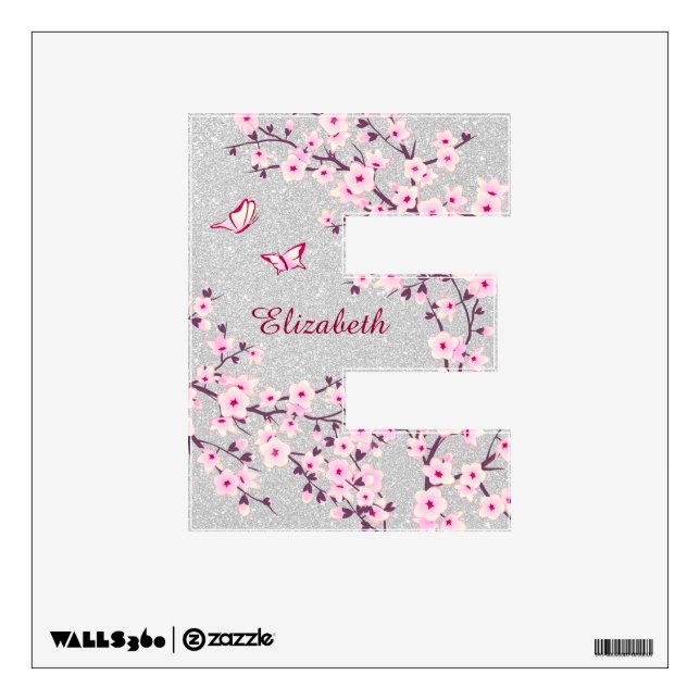 Cherry Blossom Monogram Letter E Pink Silver Wall Decal (Front)