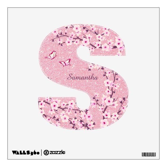 Cherry Blossom Monogram  Pink Glitter Letter S  Wall Decal (Front)