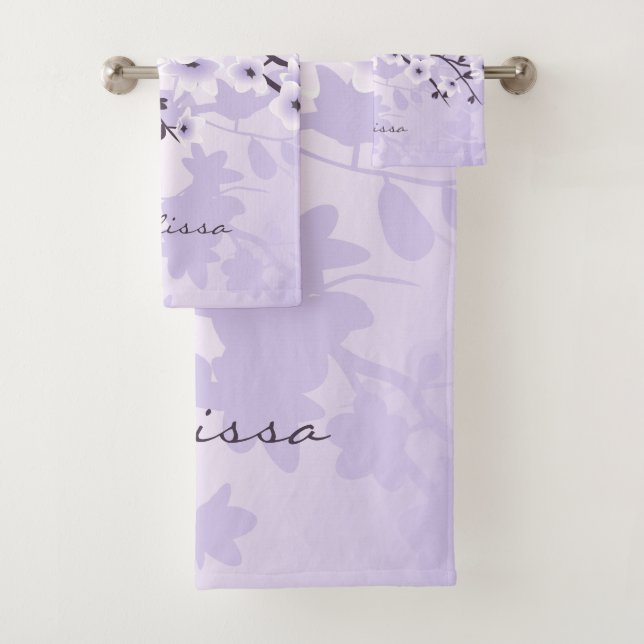 Cherry Blossom Monogram Purple Floral Bath Towel Set (Insitu)