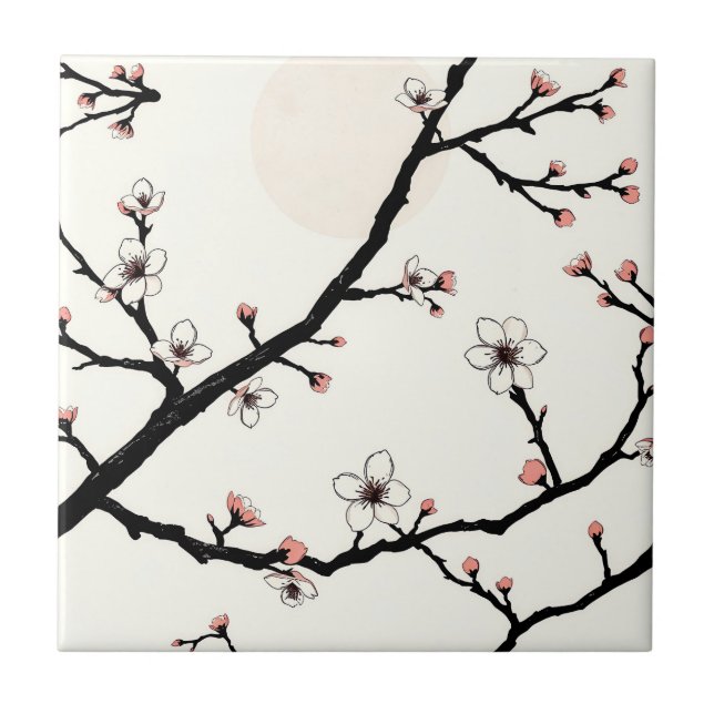Cherry Blossom Moon Minimal Pattern Ceramic Tile (Front)