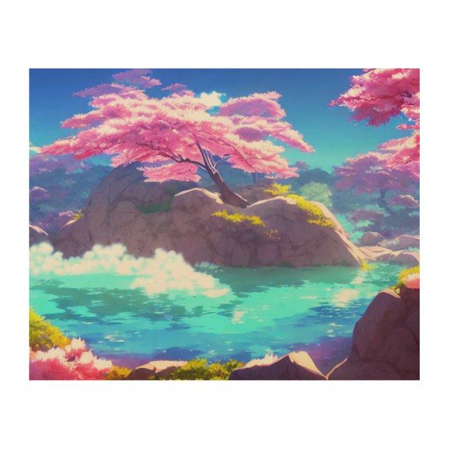 Cherry Blossom Mountain Wood Wall Art (Front)