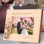 Cherry Blossom Mr and Mrs Wedding Photo  Engraved Frames<br><div class="desc">Wooden photo frame personalized with the name of the new Mr & Mrs, their wedding date and their wedding location. The design also features a delicate jar of cherry blossom - perfect for a spring wedding. Lovely gift for bridal shower, wedding, newlyweds or as, it's natural wood, how about a...</div>