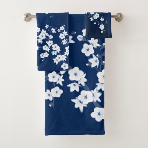 Cherry Blossom Navy Blue Bath Towel Set