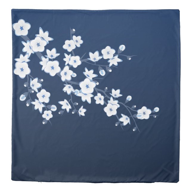 Cherry Blossom Navy Blue White Duvet Cover (Back)