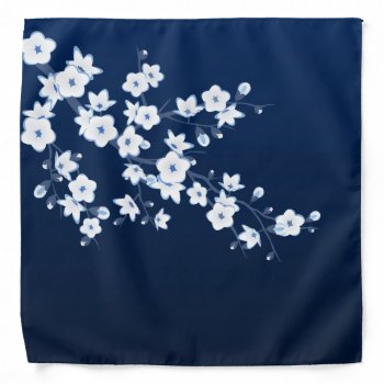Cherry Blossom Navy Blue White Floral Bandana by NinaBaydur at Zazzle
