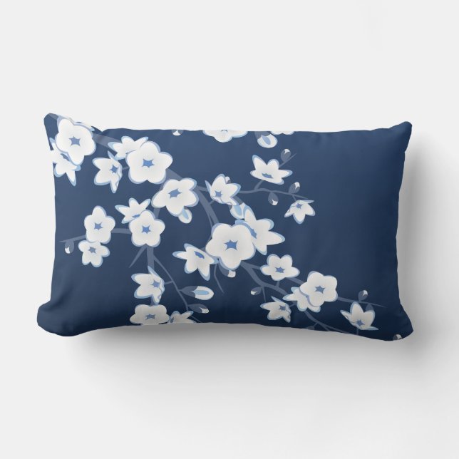 Cherry Blossom Navy Blue White Floral Lumbar Pillow (Front)