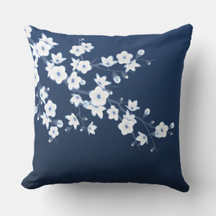 Cherry Blossom Navy Blue White Floral Outdoor Pillow