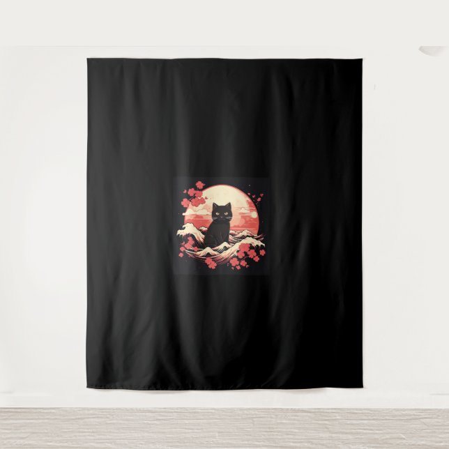 Cherry Blossom Night_ Black Cat and Full Moon  Tapestry (Front)