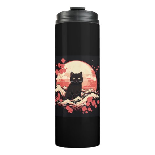 Cherry Blossom Night_ Black Cat and Full Moon  Thermal Tumbler