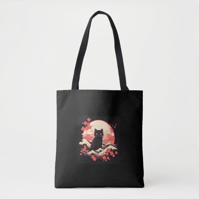 Cherry Blossom Night_ Black Cat and Full Moon  Tote Bag (Front)