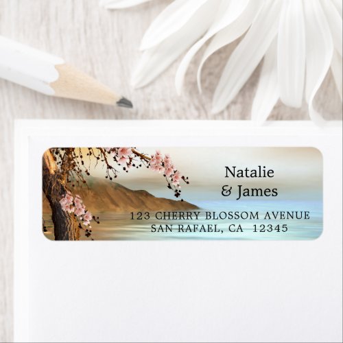 Cherry Blossom Ocean Wedding Return Address Label