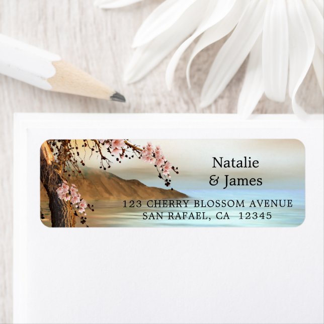 Cherry Blossom Ocean Wedding Return Address Label (Insitu)