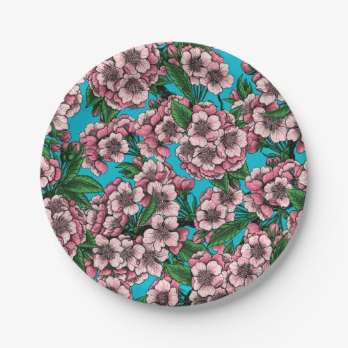 Cherry blossom on blue paper plates