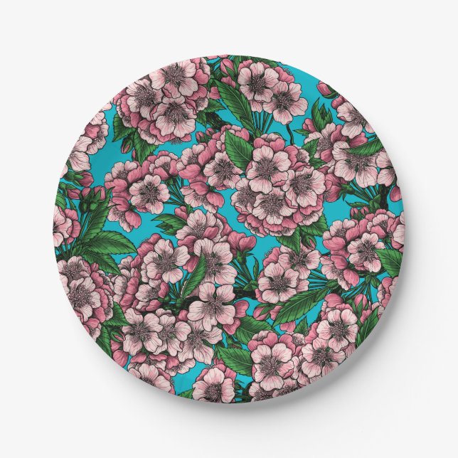 Cherry blossom on blue paper plates (Front)