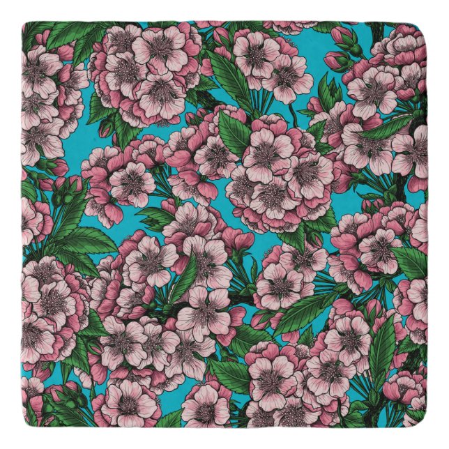 Cherry blossom on blue trivet (Front)