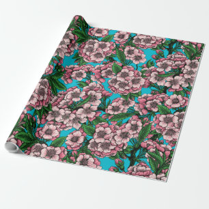 Cherry blossom on blue wrapping paper