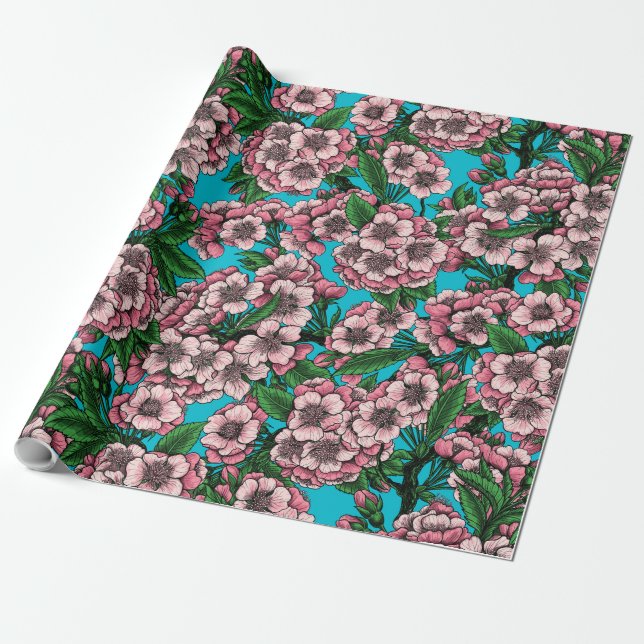 Cherry blossom on blue wrapping paper (Unrolled)