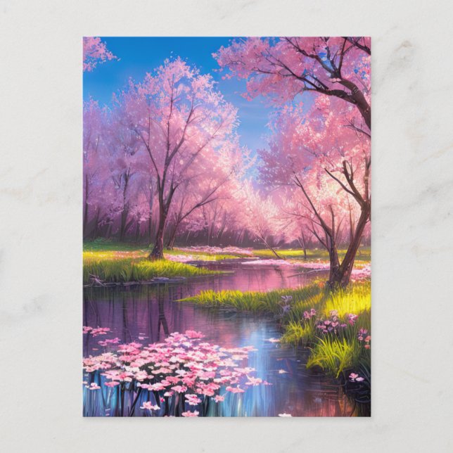 Cherry Blossom Park with a Meandering Stream Postcard (Front)