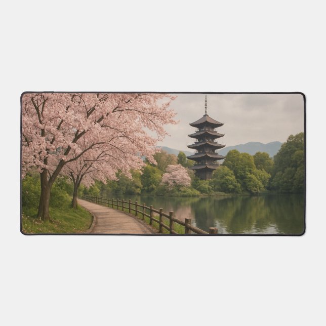 Cherry Blossom Path with Pagoda Desk Mat (Front)