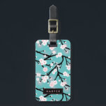 Cherry Blossom Pattern Custom Name Address Luggage Tag<br><div class="desc">Turquoise luggage tag with a floral pattern in black,  white,  and pink. The back features matching stripes.</div>