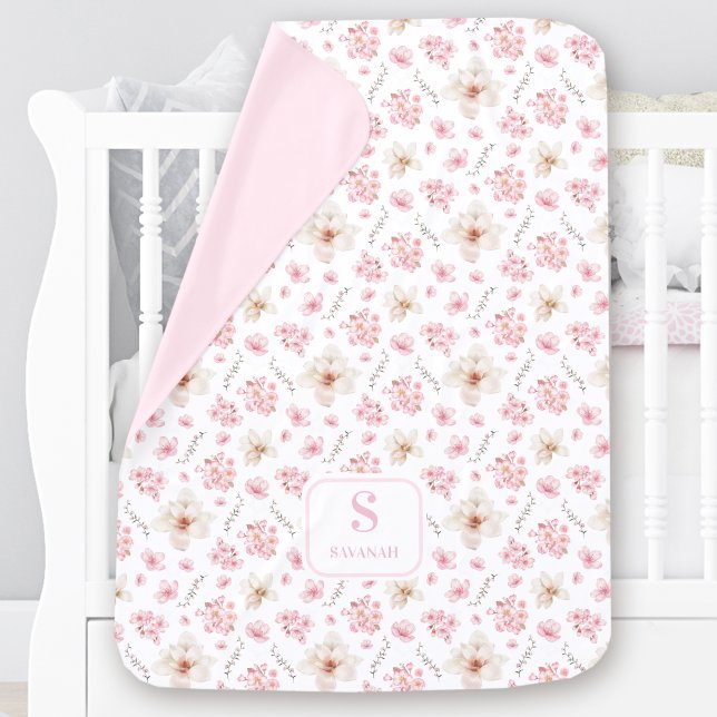 Cherry Blossom Pattern Pink Spring Floral Monogram Baby Blanket (Cherry Blossom pattern Personalized Monogram Spring Baby Blanket)