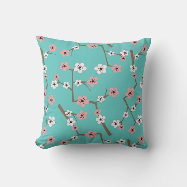 Cherry Blossom Pattern Turquoise Throw Pillow (Front)