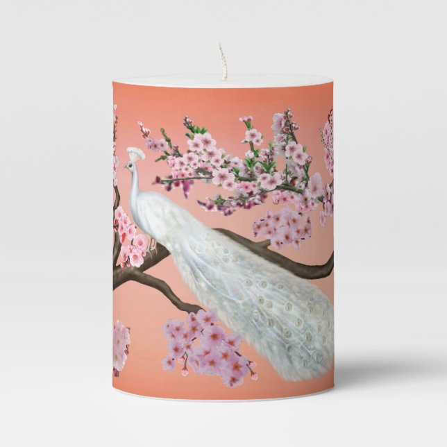 Cherry Blossom Peacock Pillar Candle (Front)